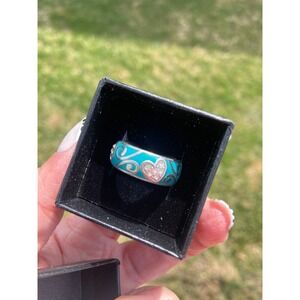 Brighton Turquoise Enamel Scroll Heart Band Ring Silver Tone Crystal Accents 7